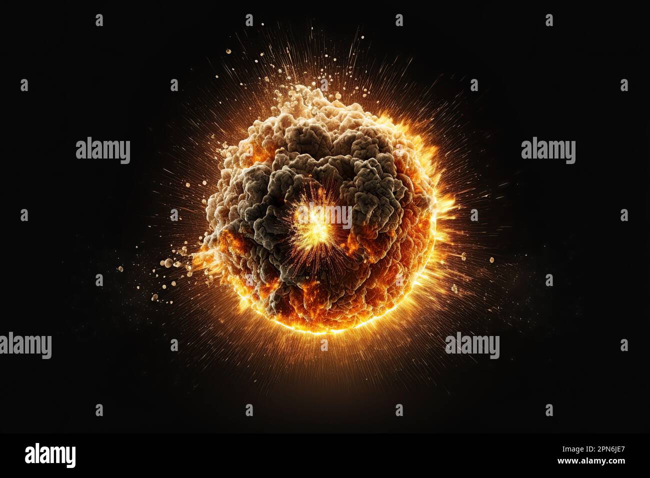 fireball created by a nuclear explosion on a war-torn space and world explosion on black background. A nuclear explosion fireball in a nuclear Stock Photo