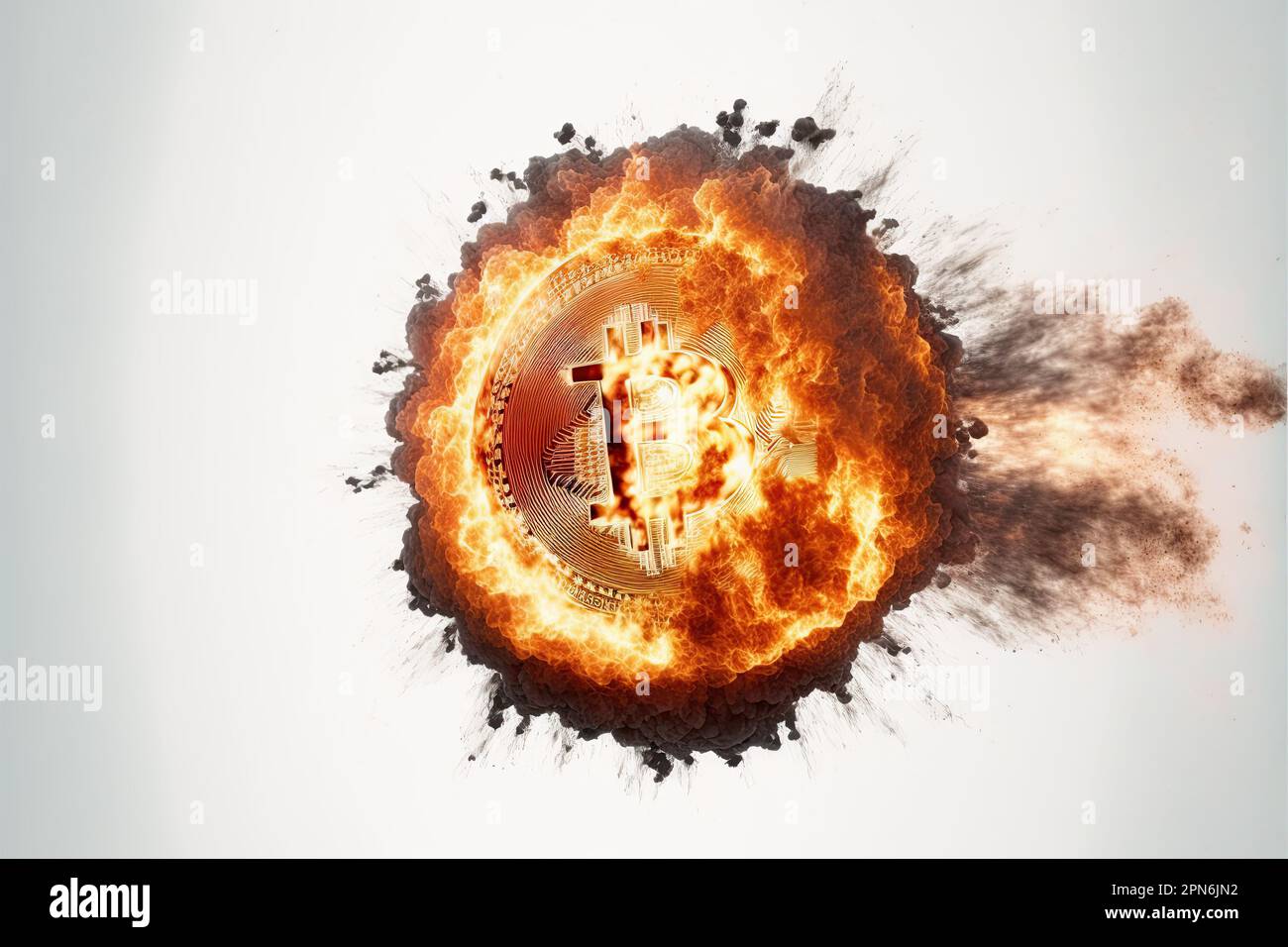Bitcoin explosion in a fireball surrounded by flames on a black background.  Crypto market bearish scenario and the burst of the crypto-currency bubble  Stock Photo - Alamy