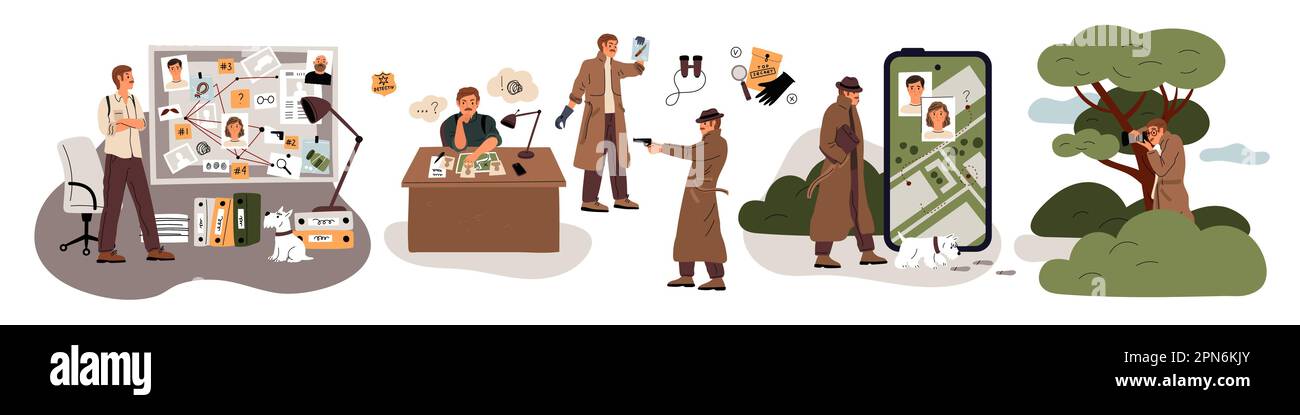 Cartoon private detective character. Man raincoat is investigating. Inspector searching evidences. Collects information. Investigator spying and Stock Vector