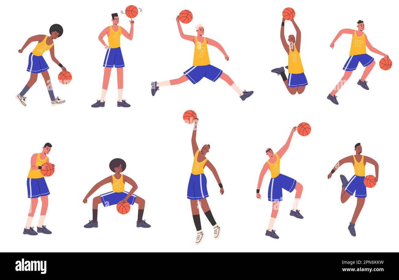 Cartoon basketball players. Professional athletes characters. Streetball sportsman in shorts and t-shirts with numbers. Basketballer keeping ball Stock Vector