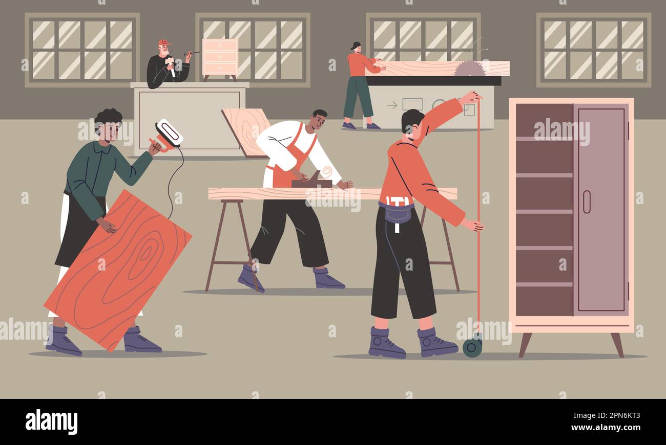 Furniture assembly. Carpentry shop workers. Wood processing