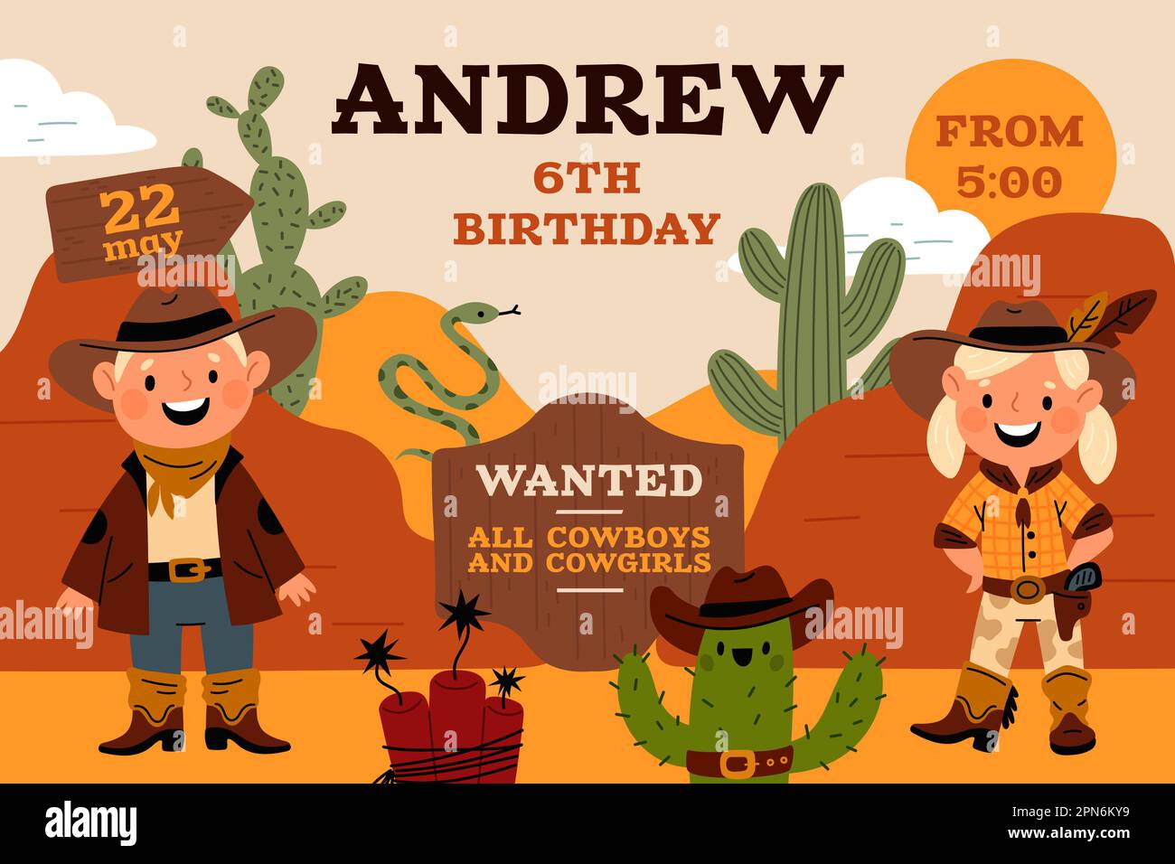 Kids birthday party. Cowboy poster. Childish holiday invitation. Boy or girl in western costumes. Wild west element. Anniversary banner design. Desert Stock Vector