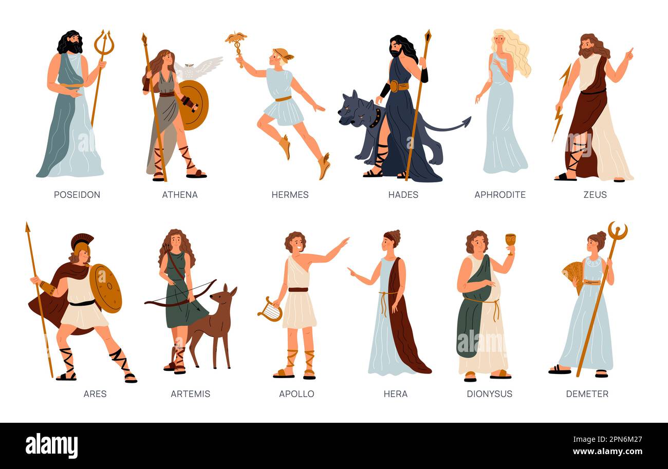Greek pantheon. Gods and goddesses. Ancient mythology. Cartoon devine characters. Hephaestus and Demeter. Antique paganism religion. Zeus and Apollo Stock Vector