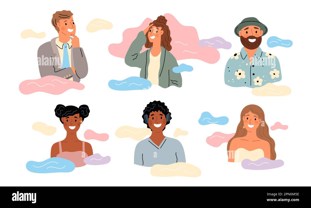 People with clouds. Dreaming men and women. Relaxed guys and girls. Pleasant light desires. Mental health. Daydreaming persons. Imagination and Stock Vector