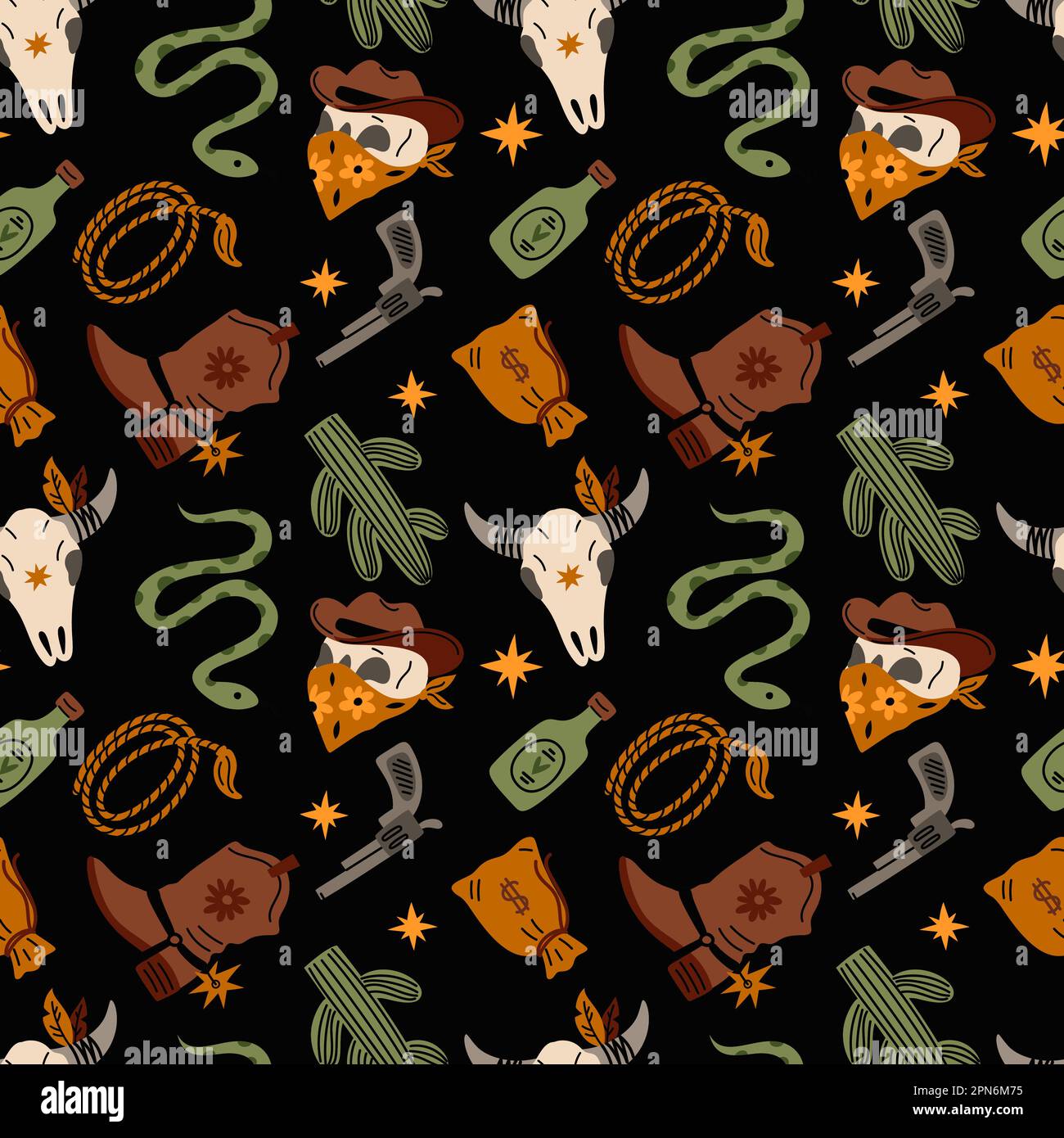 Western elements seamless pattern. Wild west cartoon objects. Cow bones. Skull in hat and bandana. Cowboy boots. Tequila bottle and cactus. Robber Stock Vector