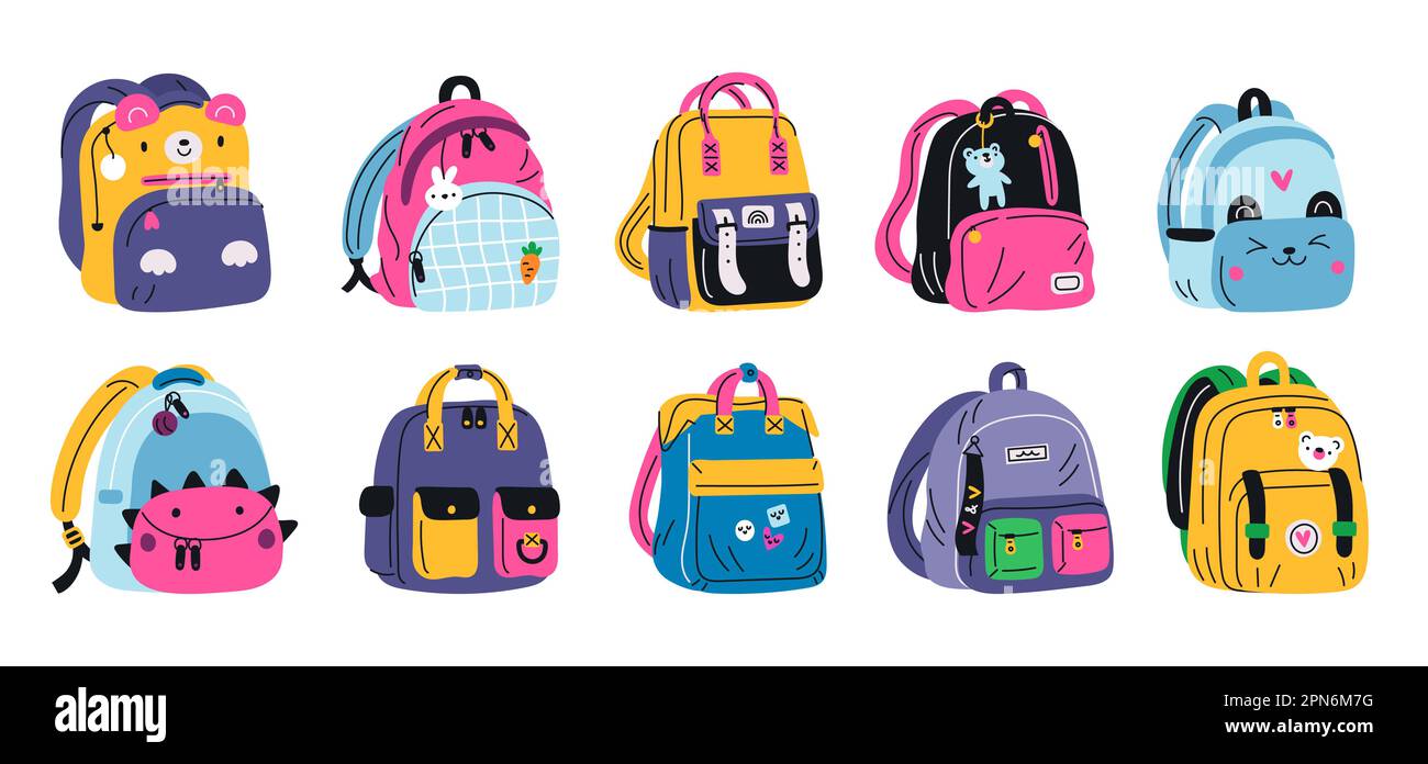 School bright backpacks. Colorful kids bags. Textile animal faces. Modern little students objects. Study accessory. College rucksacks. Isolated Stock Vector Image Art Alamy