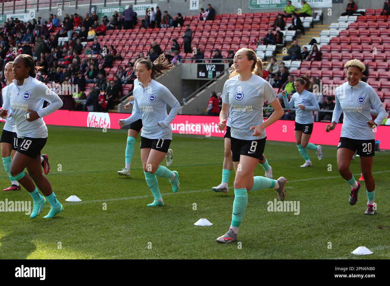 Leigh, UK. 15th Apr, 2023. Megan Connolly (8 Brighton) features in warmup during the Womens FACup semi final between Manchester United and BrightonHA at Leigh Sports Village Park in Leigh, England. (MHodsman/SPP) Credit: SPP Sport Press Photo. /Alamy Live News Stock Photo