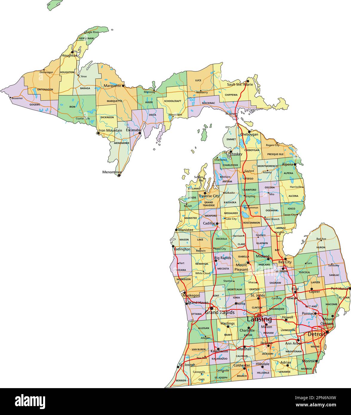 Michigan Highly detailed editable political map with labeling Stock