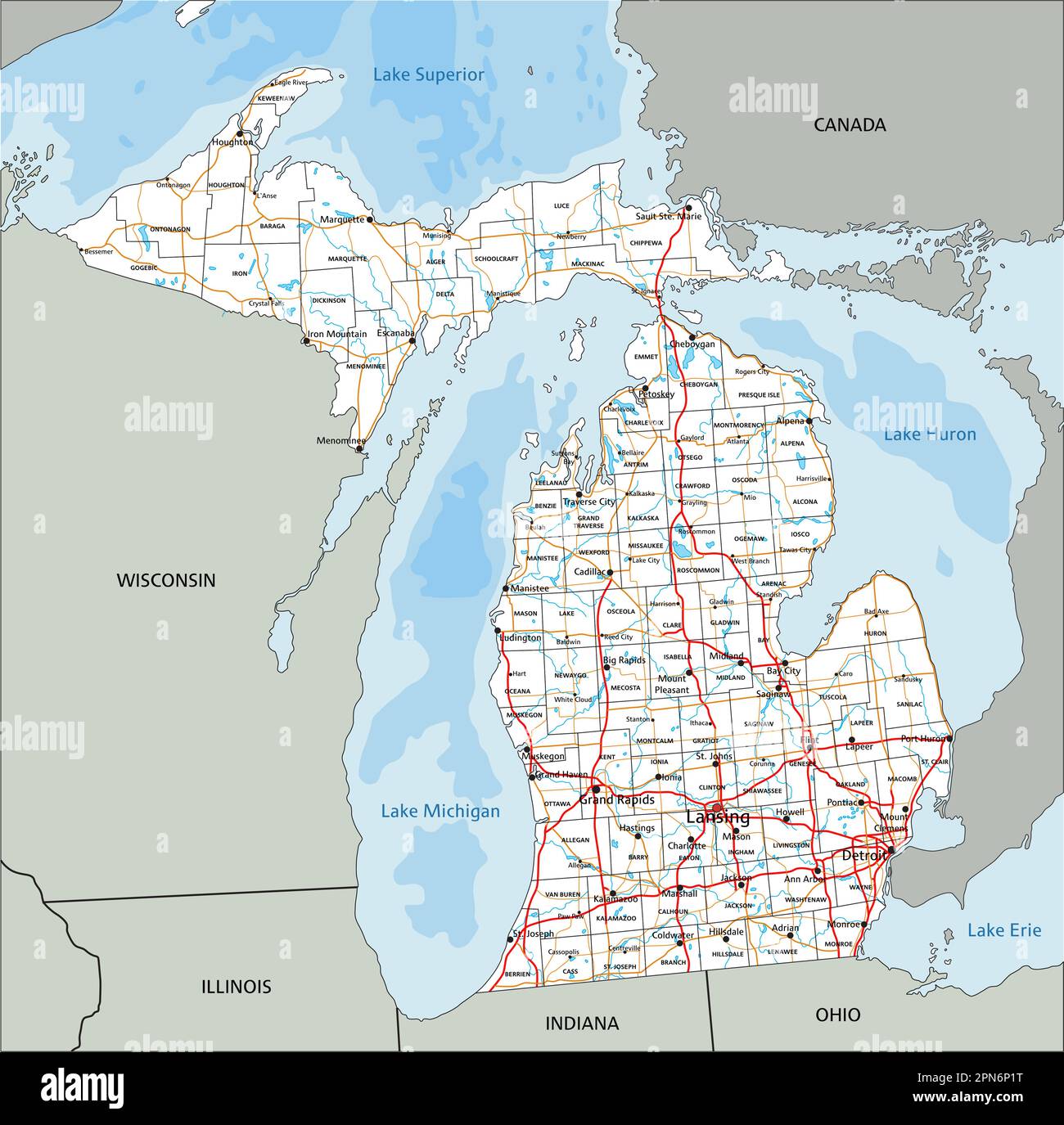High Detailed Michigan Road Map With Labeling Stock Vector Image And Art