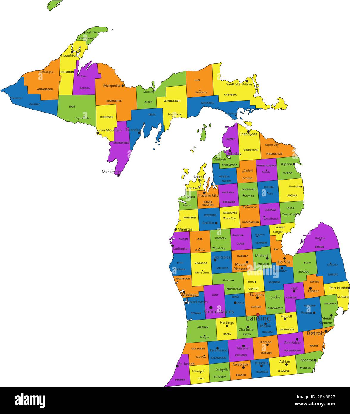 Colorful Michigan political map with clearly labeled, separated