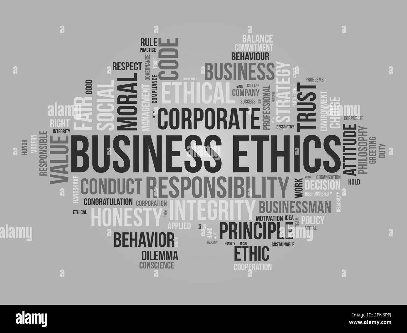 Word cloud background concept for Business Ethics. Corporate integrity, Company principle moral trust of responsibility value. vector illustration. Stock Vector