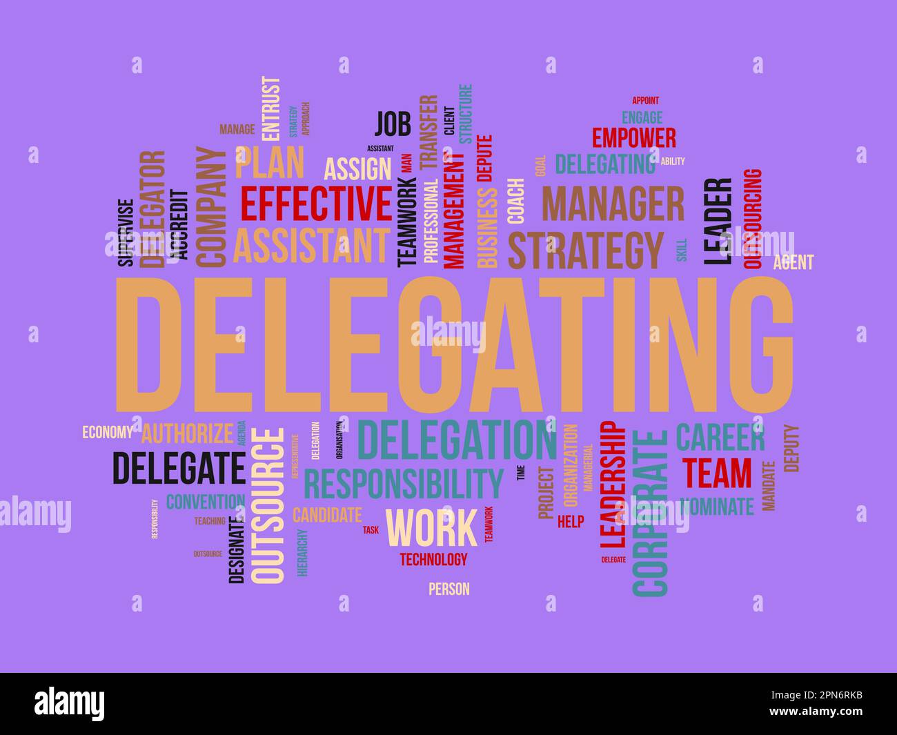 Word cloud background concept for Delegating. Business responsibility, career management assign of strategic leadership approach. vector illustration. Stock Vector