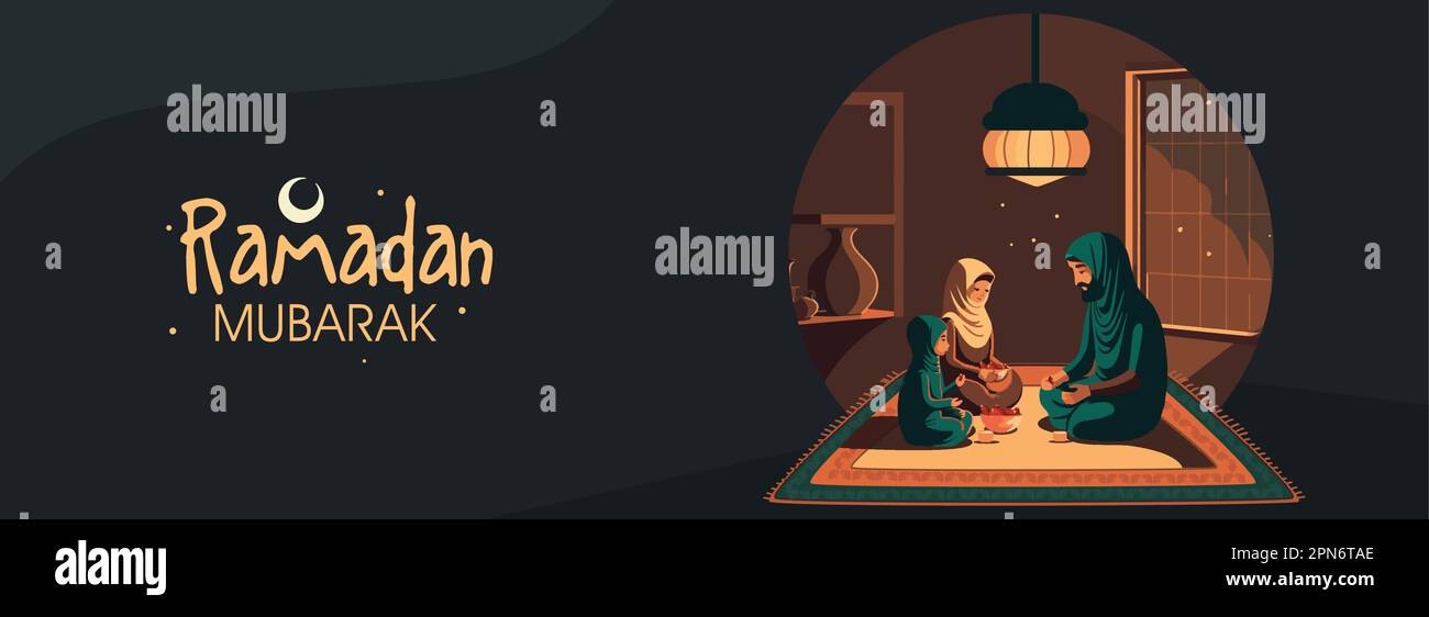 Ramadan Mubarak Banner Design With Muslim Family Eating Dates Fruit At Home And Illuminated Ceiling Lamp. Stock Vector