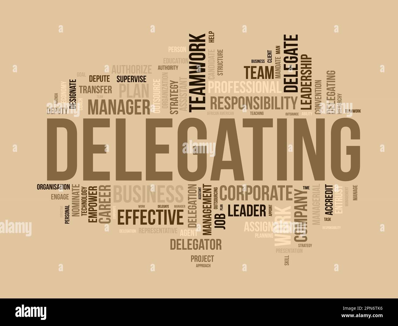 Word cloud background concept for Delegating. Business responsibility, career management assign of strategic leadership approach. vector illustration. Stock Vector
