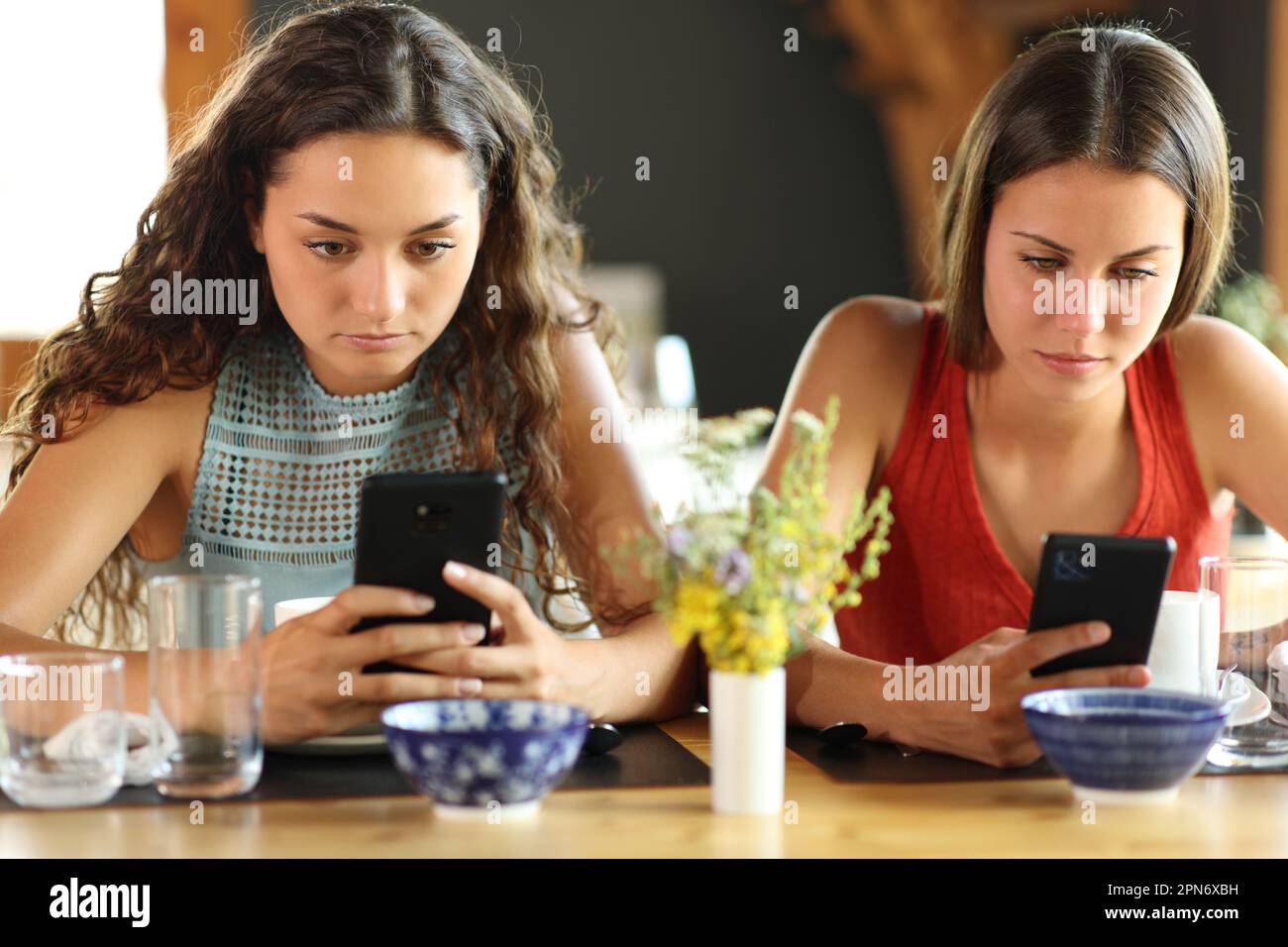 Front view of two friends in a restaurant ignoring each other using their phones Stock Photo