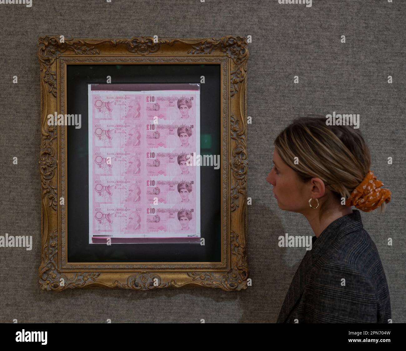Bonhams, London, UK. 17th Apr, 2023. Hot Off the Press, new prints and multiples, is a tightly curated auction dedicated to celebrating some of the most exciting artists working today alongside well-established contemporary art market leaders and takes place on 19 April. Image: Banksy, Di Faced Tenner, £45,000-60,000. Credit: Malcolm Park/Alamy Live News Stock Photo