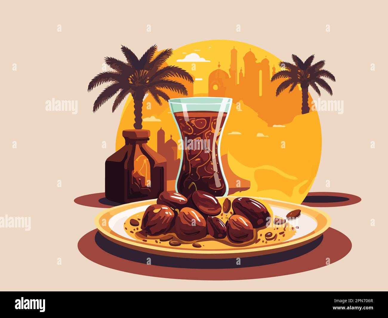 Dates Fruit Plate With Drink Glass, Jar, Palm Trees On Silhouette Mosque Background In Suhoor Time. Stock Vector