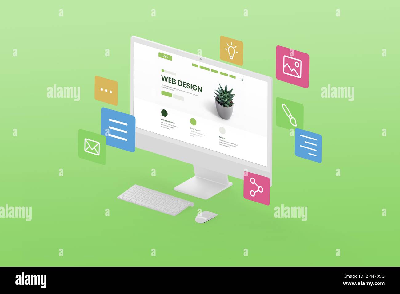 Designing a creative website concept. Display in isometric position with web page modules flying around the display on a green background Stock Photo