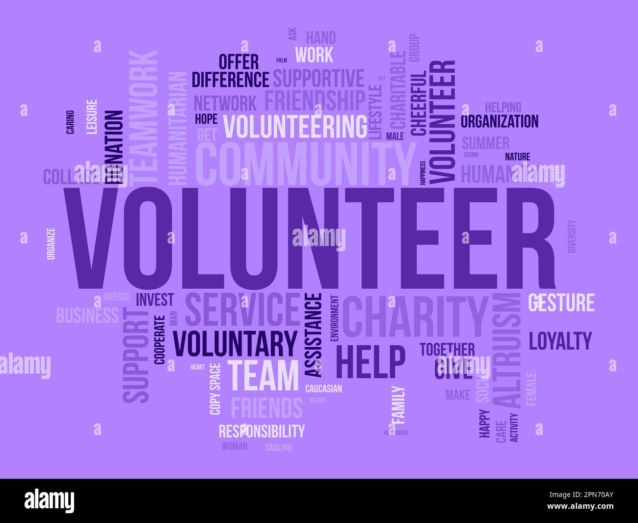Word cloud background concept for volunteer. Charity support, community help work, care of
