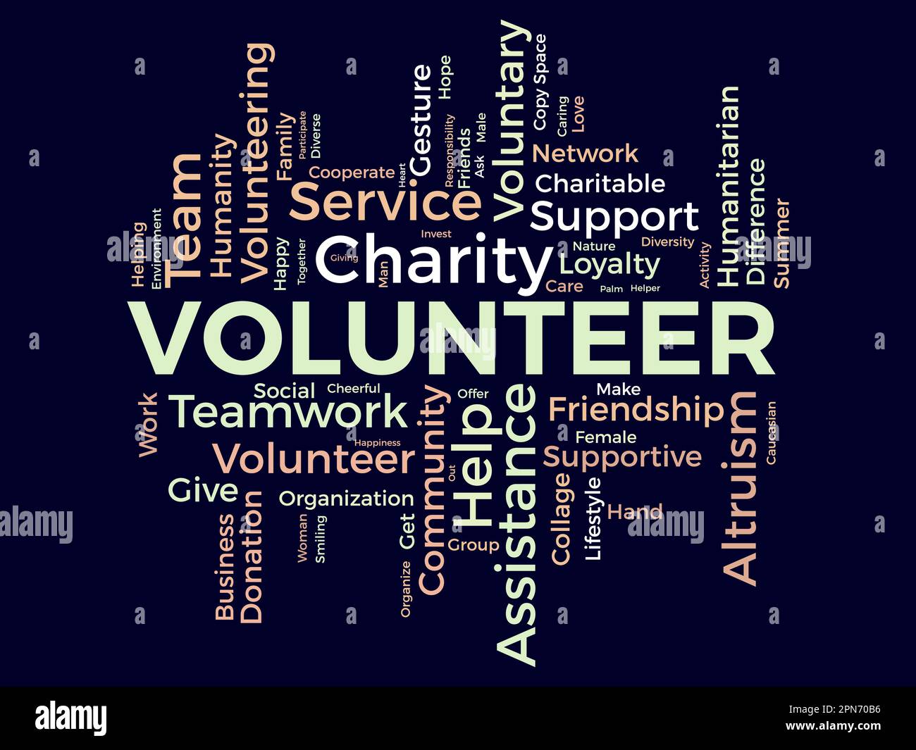 Word cloud background concept for volunteer. Charity support, community help work, care of