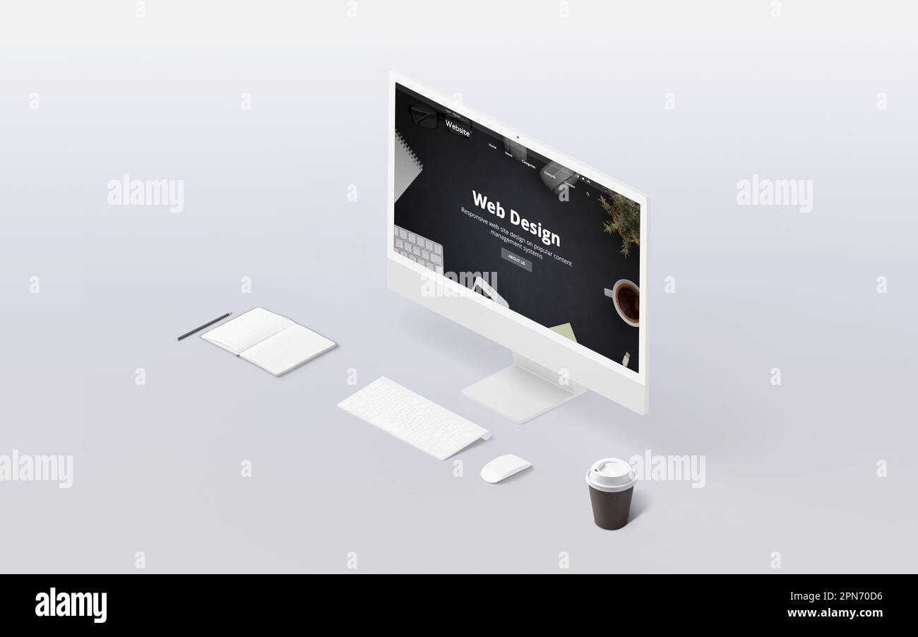 Isometric view of web design studio with modern display, emphasizing technology, UX, UI, and creative digital rendering Stock Photo