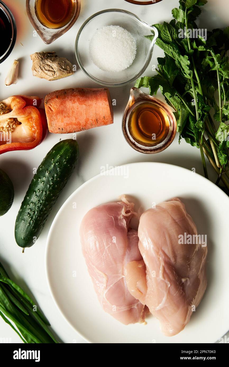 Healthy Thai chicken noodle salad ingredients list. Aisan cuisine. Rice