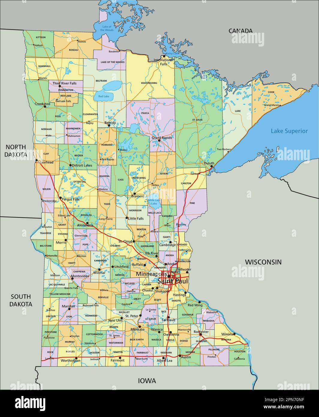 Minnesota highly detailed editable political map with labeling stock