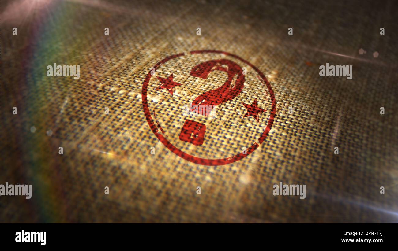 Question mark stamp printed on linen sack. Faq help query and answer concept. Stock Photo