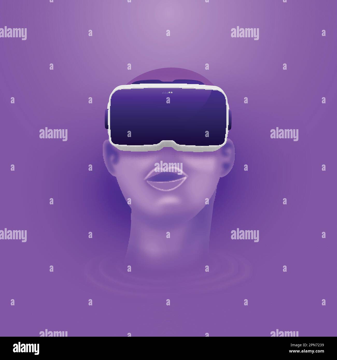 3D Render of Man Face Wearing VR Goggles On Purple Ripple Background And Copy Space. Stock Vector