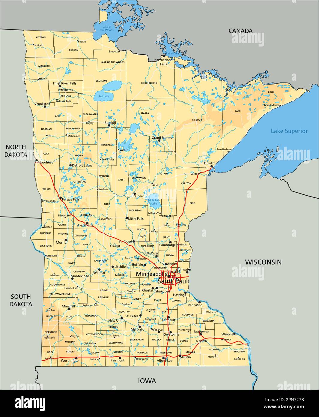 High detailed Minnesota physical map with labeling Stock Vector Image