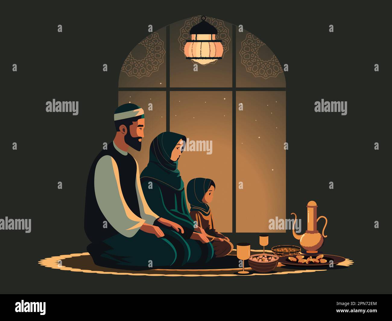Illustration Of Muslim Family Praying Before Meal On Mat In Front of Mandala Islamic Window At Night. Stock Vector