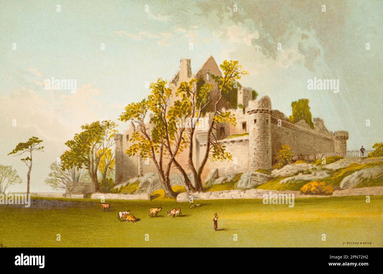 Craigmillar Castle, city of Edinburgh, Scotland, Great Britain, historic illustration 1889 Stock Photo