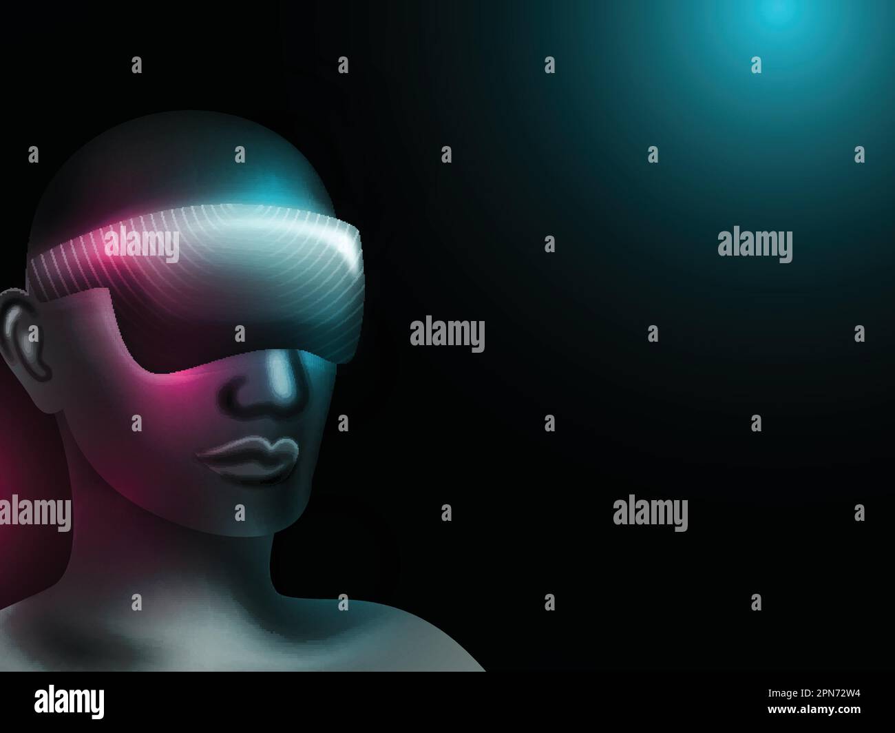 3D Render of Man Face Wearing VR Goggles And Lights Effect On Dark Background. Stock Vector
