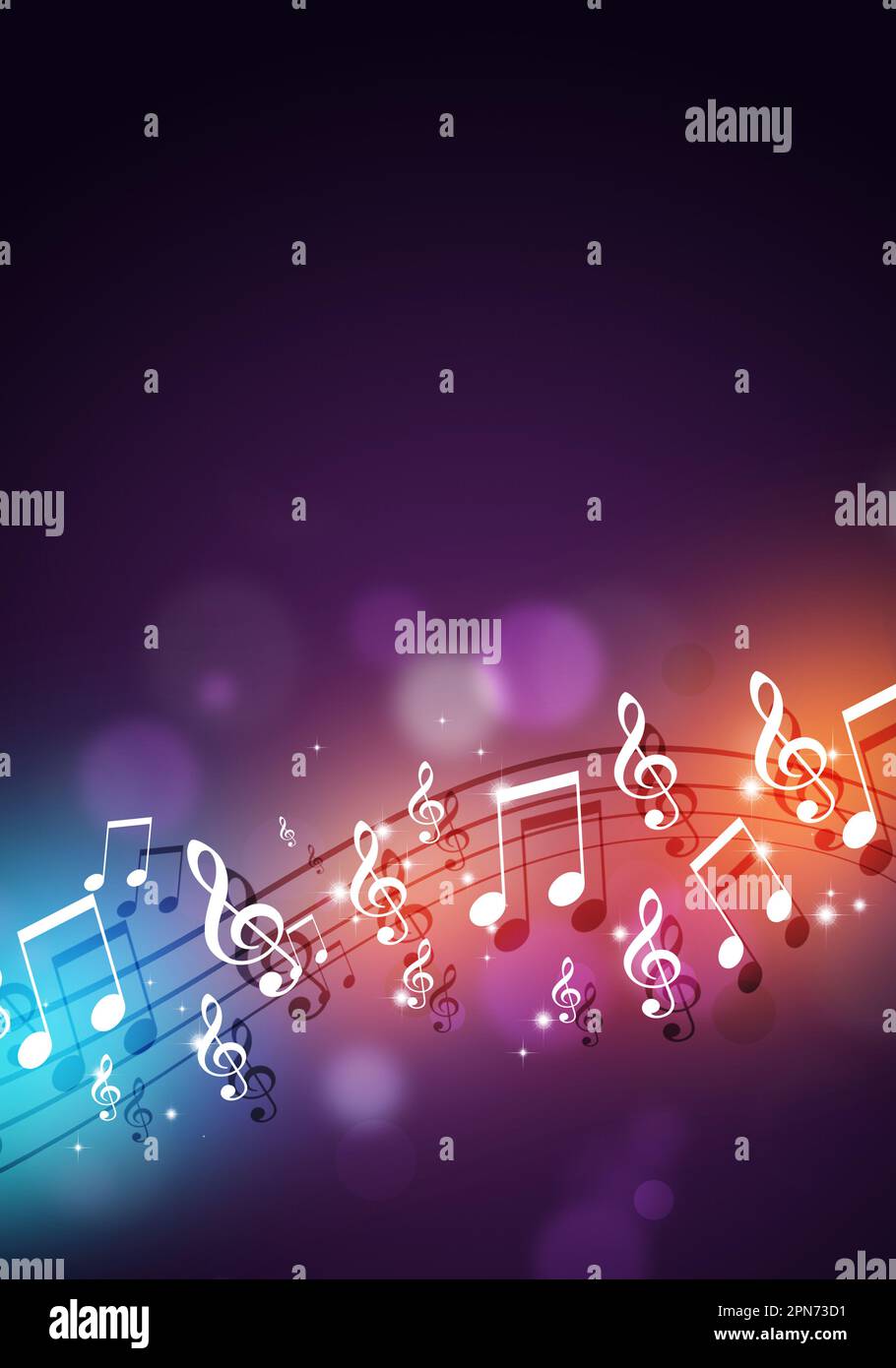 retro neon bright music notes on dark background. for party music poster and flyers Stock Photo