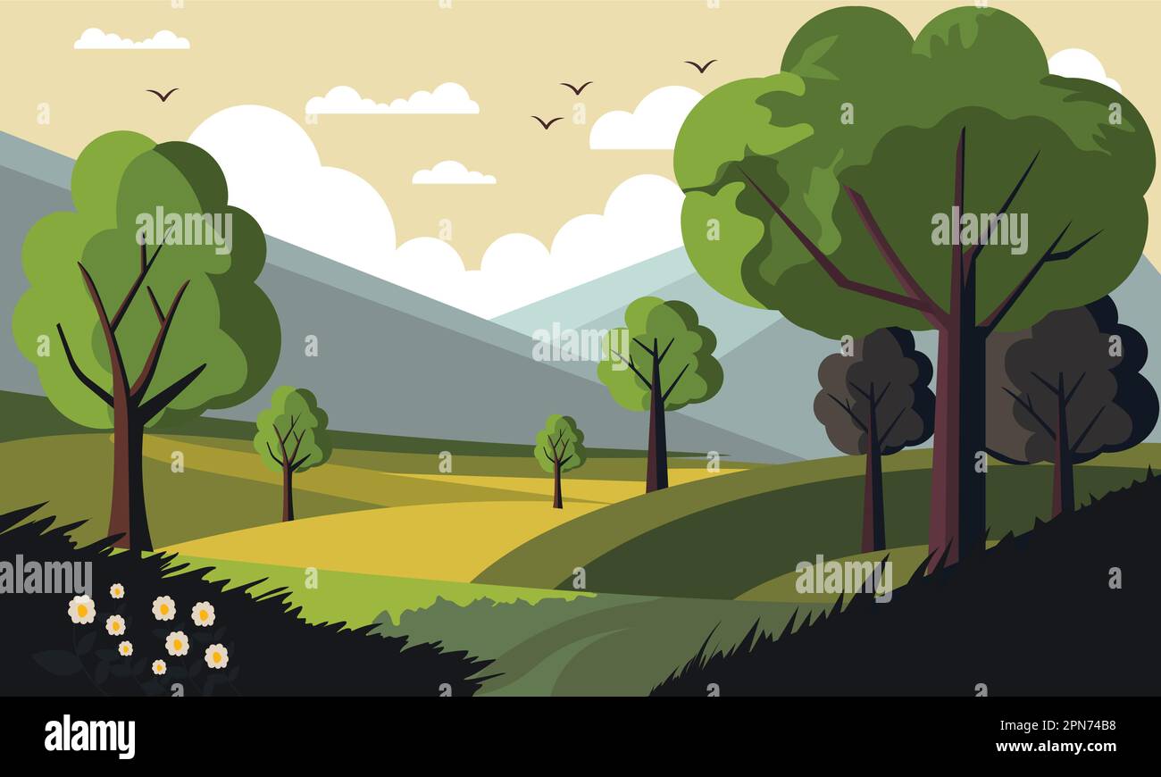 Vector Nature Landscape Background With Trees, Flying Birds Stock ...