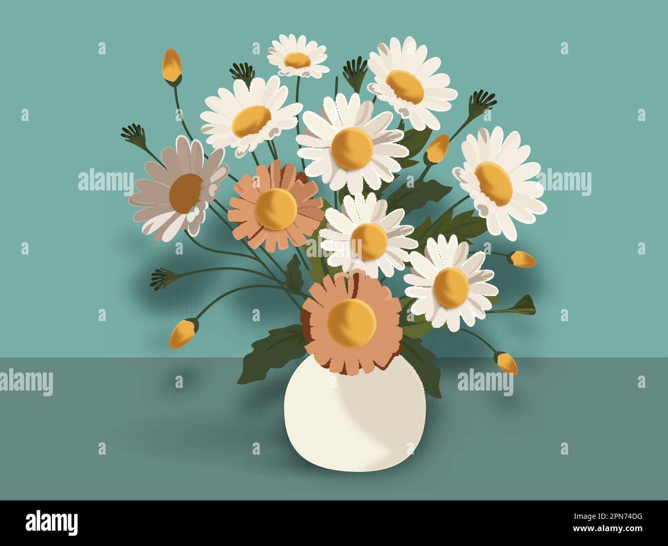 Illustration of Daisies Plant Pot On Pastel Turquoise Background. Stock Vector