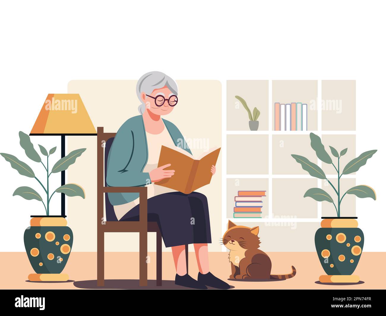 Elderly Woman Character Reading A Book On Chair With Adorable Cat, Plant Vase, Floor Lamp And Shelves Over Background. Stock Vector