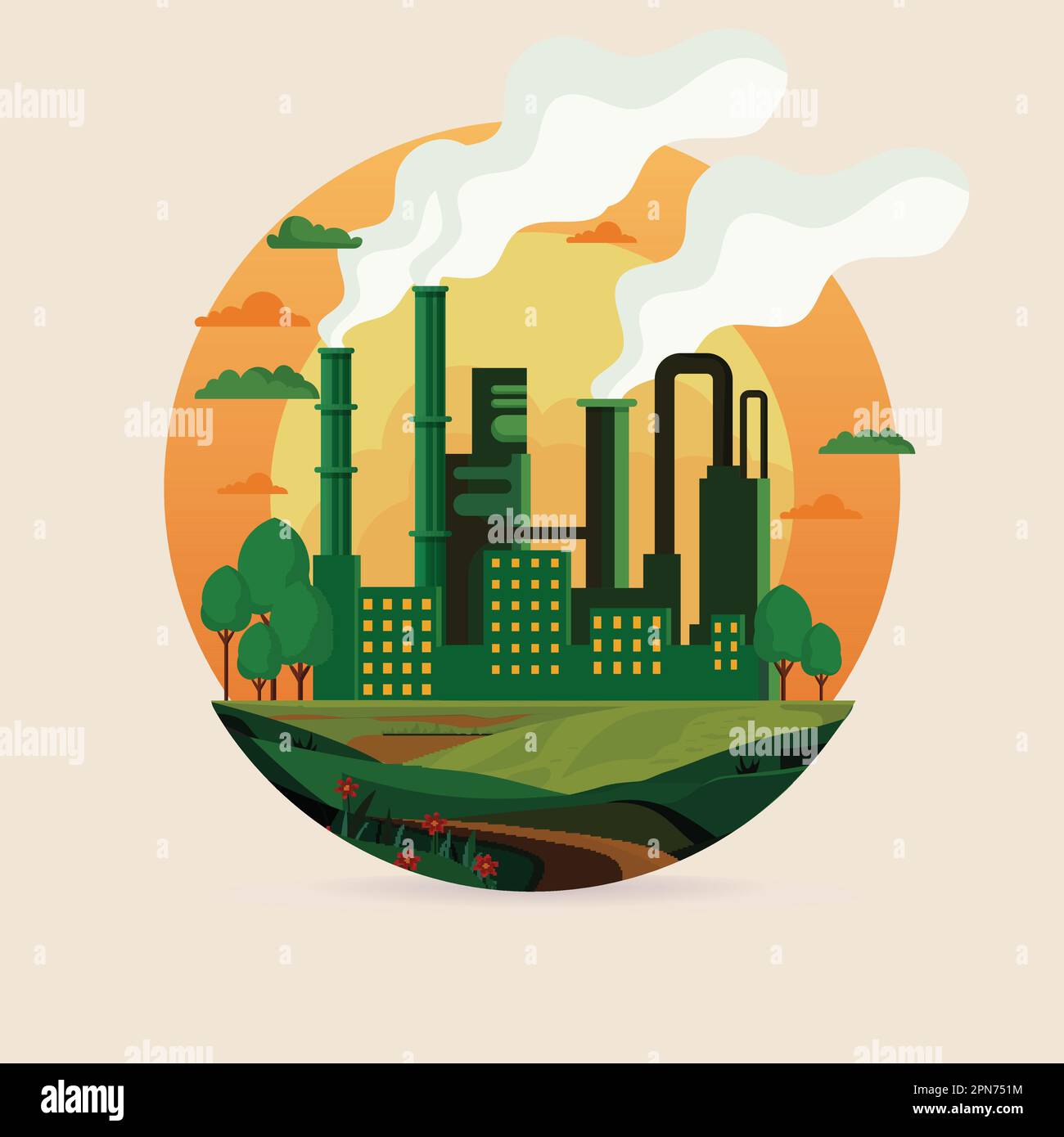 Factory Illustration And Trees On Half Earth Globe Background. Earth Day Concept. Stock Vector