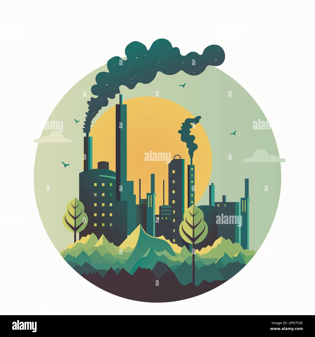 Environment Pollution By Industry On Sun Nature Landscape Background In Circle Shape. Stock Vector