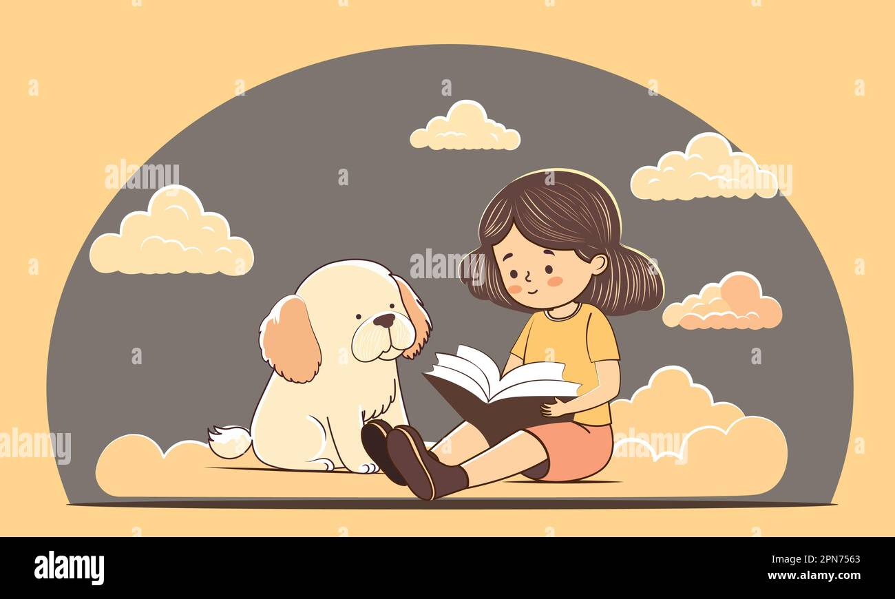 Cute Girl Character Reading Book And Cartoon Dog Sitting On Gray And Pastel Orange Clouds Background. Stock Vector