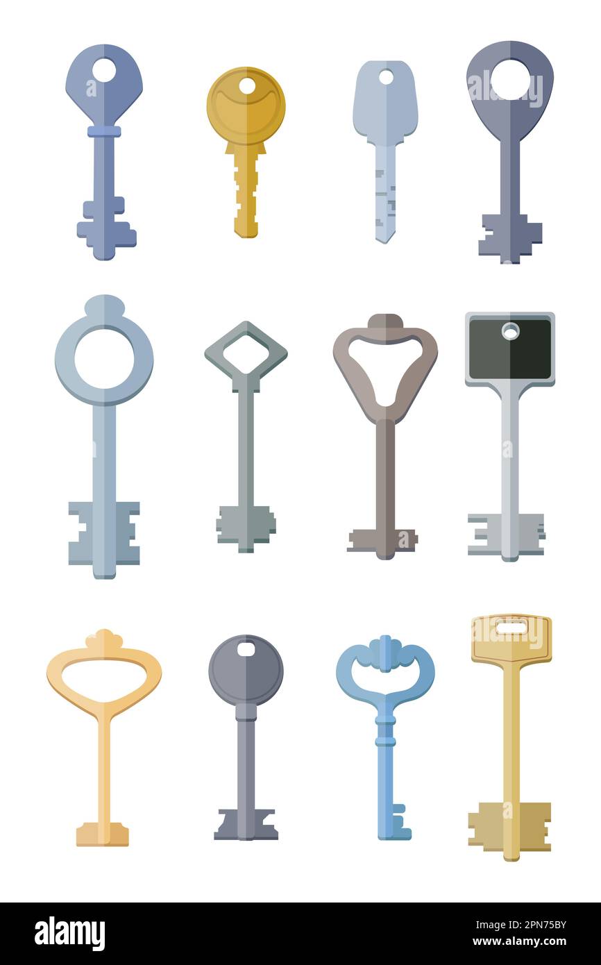 Keys of different colors and shapes vector illustration set Stock