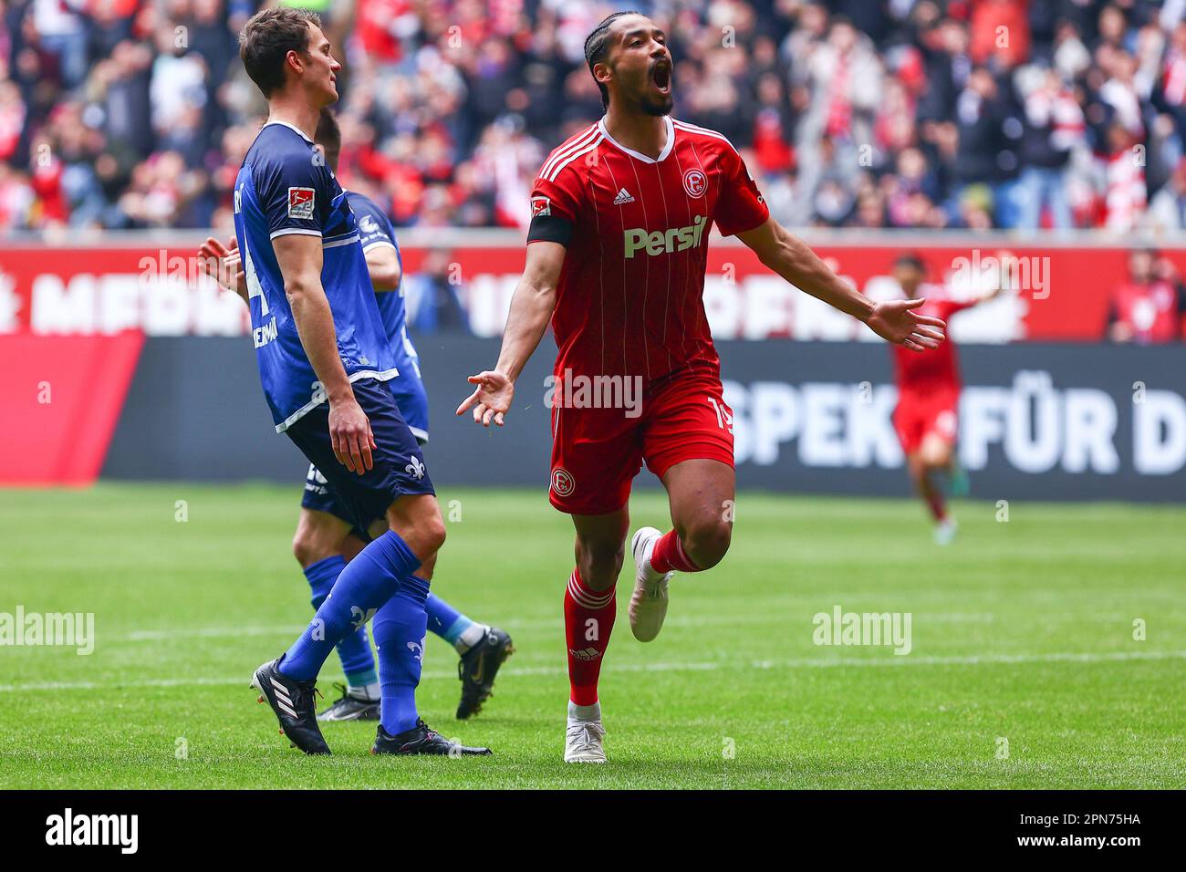 Düsseldorf, Germany 16.04.2023: 2. Bundesliga, Fortuna Düsseldorf 1:0 SV Darmstadt, Matchday 28, Goal from Emmanuel Iyoha (Fortuna Duesseldorf)   DFL REGULATIONS PROHIBIT ANY USE OF PHOTOGRAPHS AS IMAGE SEQUENCES AND/OR QUASI-VIDEO.  Credit: Ant Palmer / Alamy Live News Stock Photo