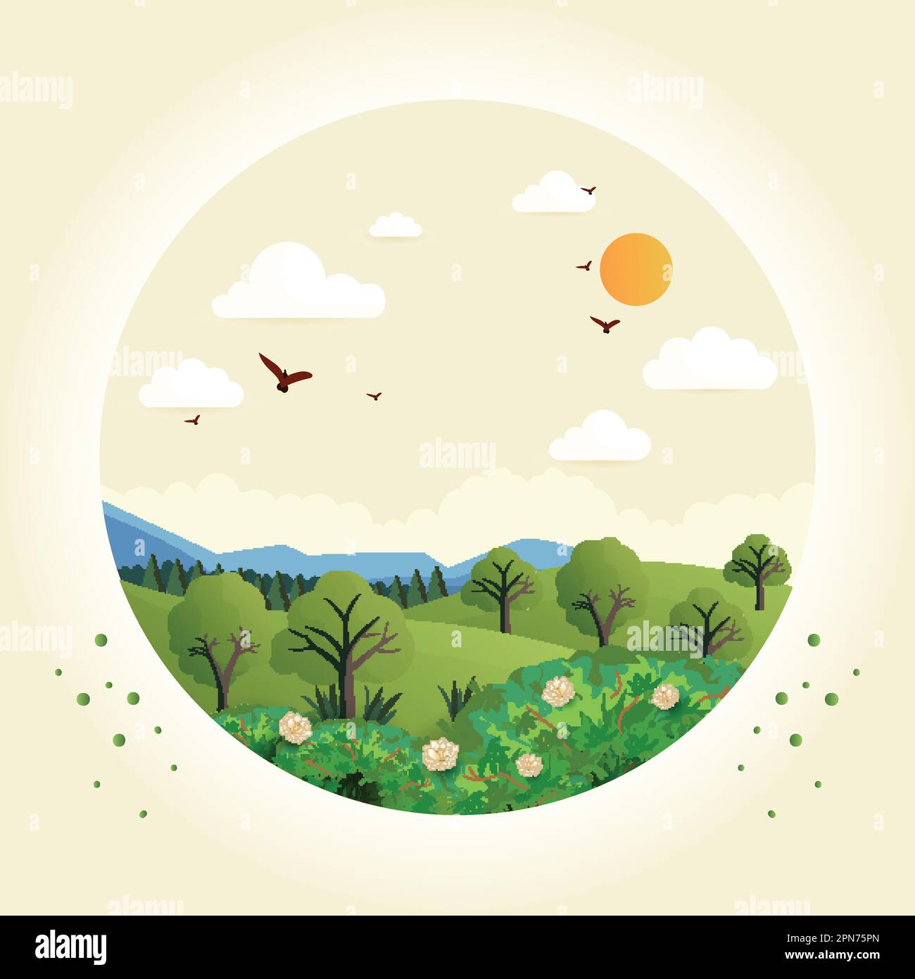 Circular Shape Mountain Nature Landscape Background With Sun, Flying