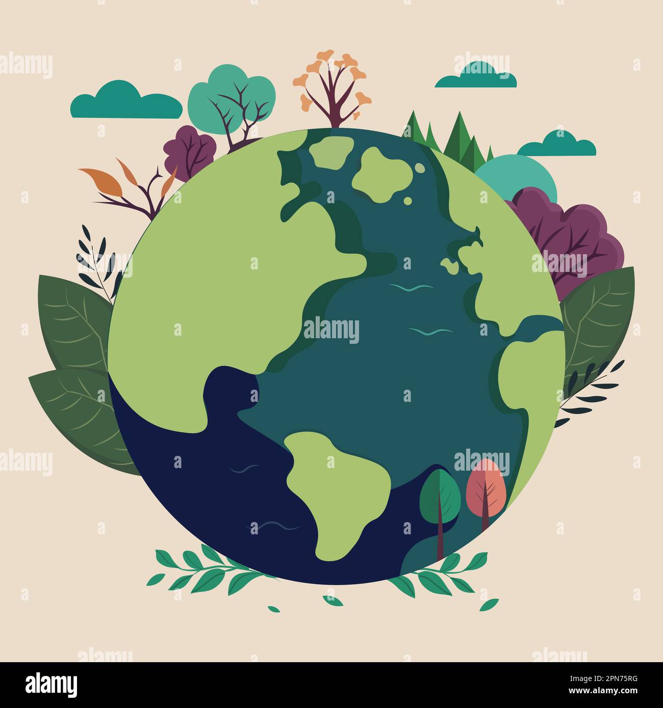 Vector Illustration of Earth Globe Surrounded By Trees, Leaves On Beige Background. Stock Vector