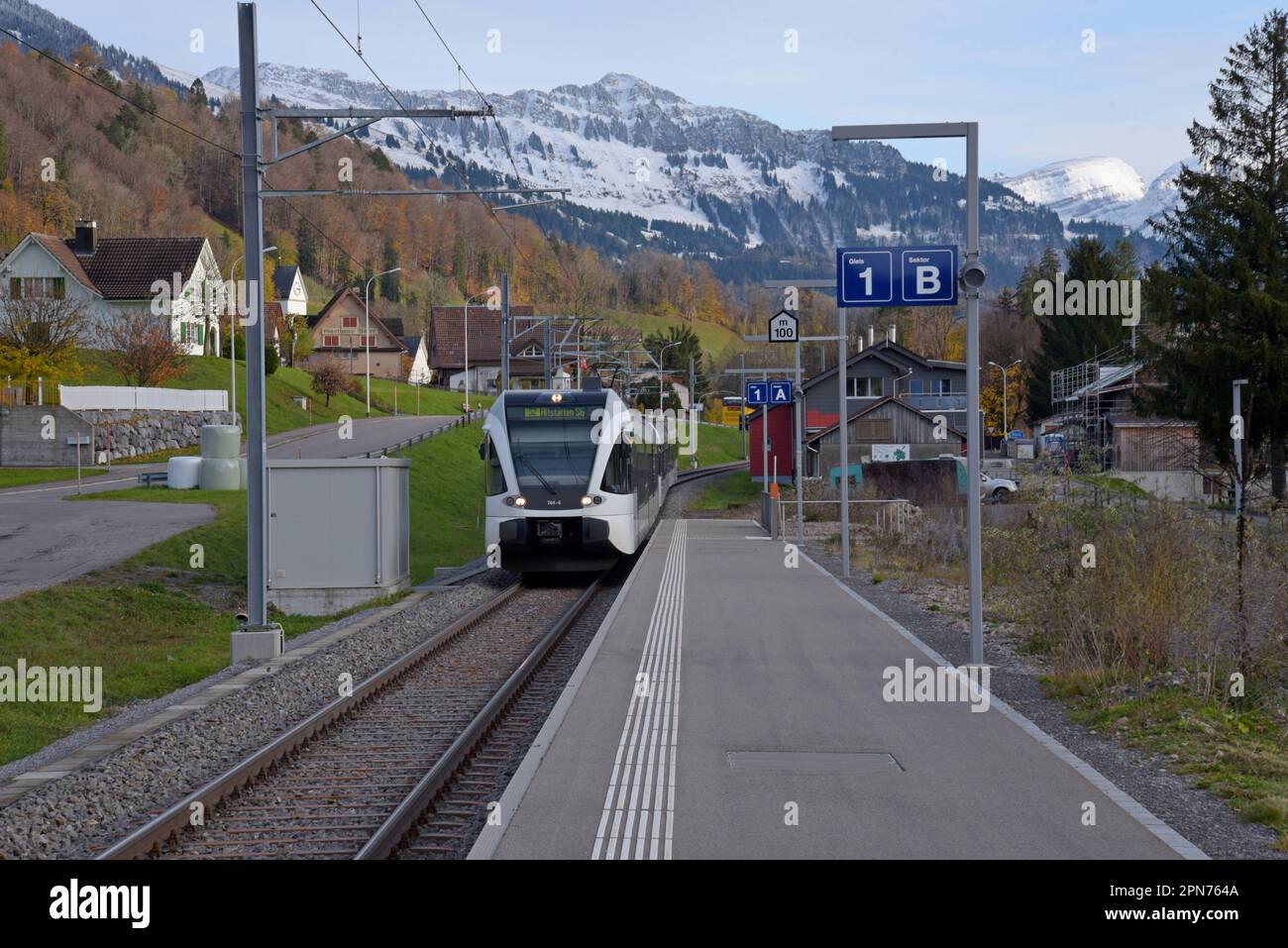 SBB Regional train approaching Krummenau railway station in the St Gallen Canton, Switzerland Stock Photo