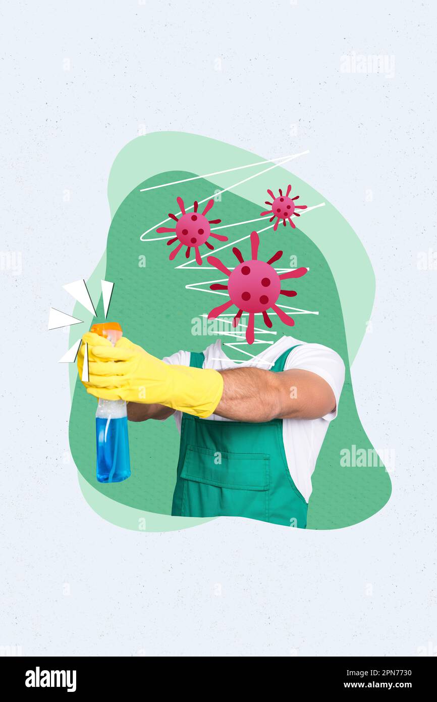 Collage photo advertisement cleaning company housekeeping man headless microbe splash chemical detergent isolated on green background Stock Photo
