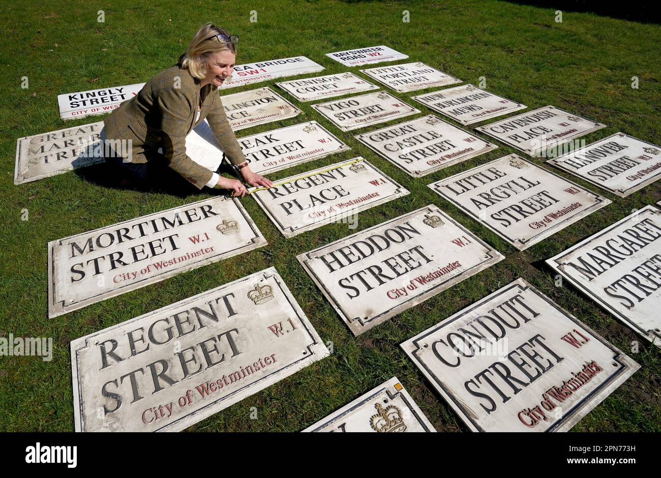 Auctioneer Catherine Southon catalogues 1950s/1960s modern London street signs during a preview of her upcoming London signs sale which features 340 examples in Chislehurst, Kent. Picture date: Monday April 17, 2023. Stock Photo