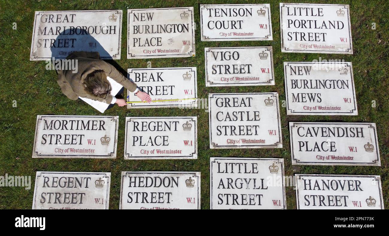 Auctioneer Catherine Southon catalogues 1950s/1960s modern London street signs during a preview of her upcoming London signs sale which features 340 examples in Chislehurst, Kent. Picture date: Monday April 17, 2023. Stock Photo