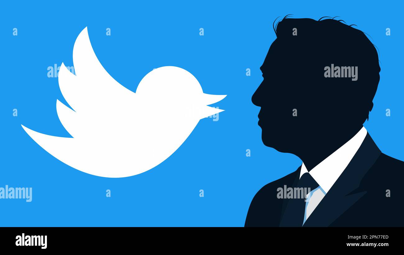 Silhouette of Elon Musk in front of blue banner with Twitter logo in ...