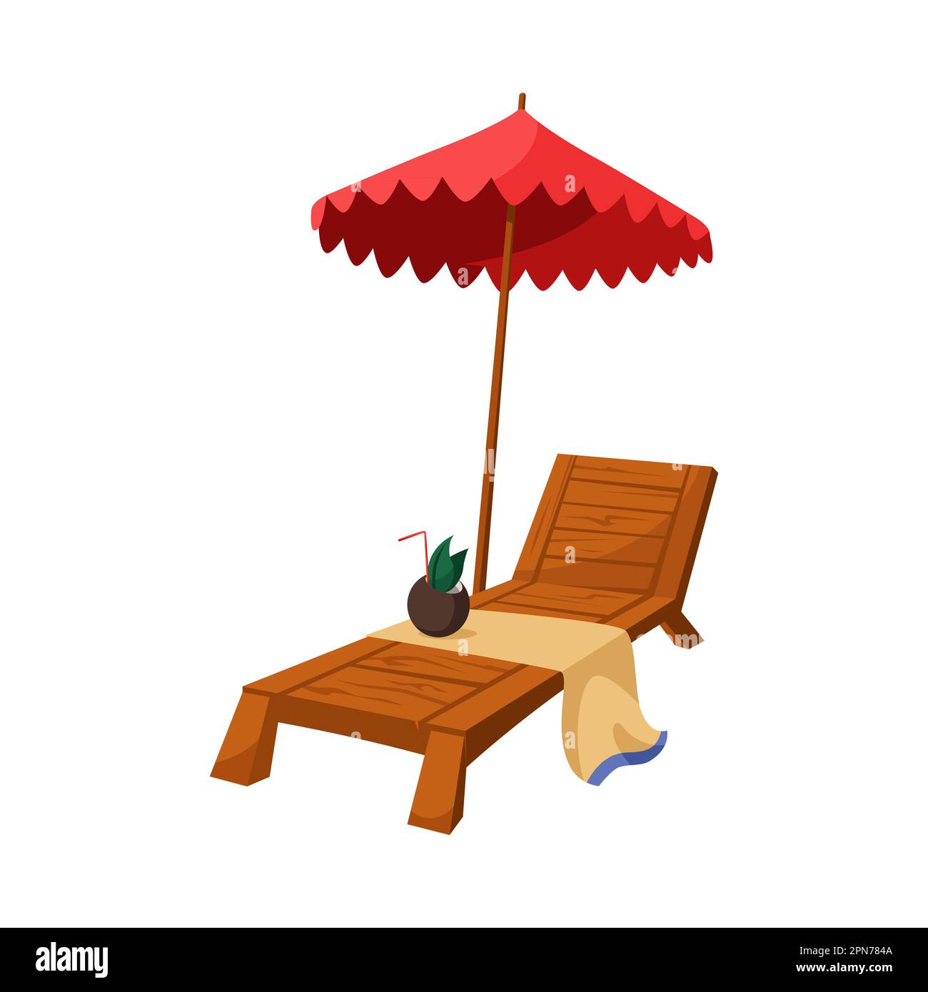 Wooden lounger with red umbrella and drink vector illustration Stock Vector